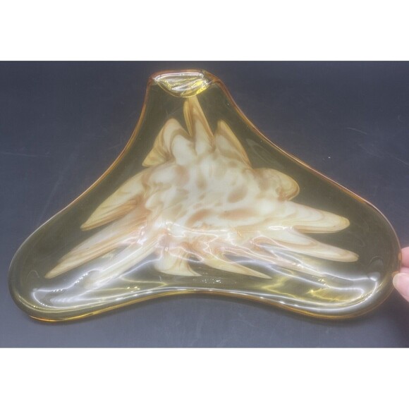 VTG Murano Amber W/ Gold & White Feather Glass Bowl W/ Folded Edge 12” - Picture 5 of 7